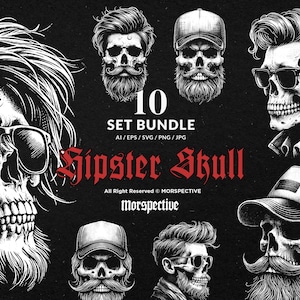 May include: Black and white illustrations of hipster skulls with various hairstyles, beards, and sunglasses. The image includes the text "10 SET BUNDLE" and "Hipster Skull".