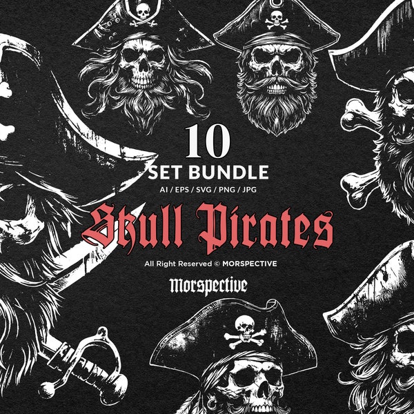 10 Bundle Dark Art Skull Pirates Captain with Hat Marine Grunge Vintage Tattoo Clipart Digital File Vector Ai / Eps / Svg / Png illustration