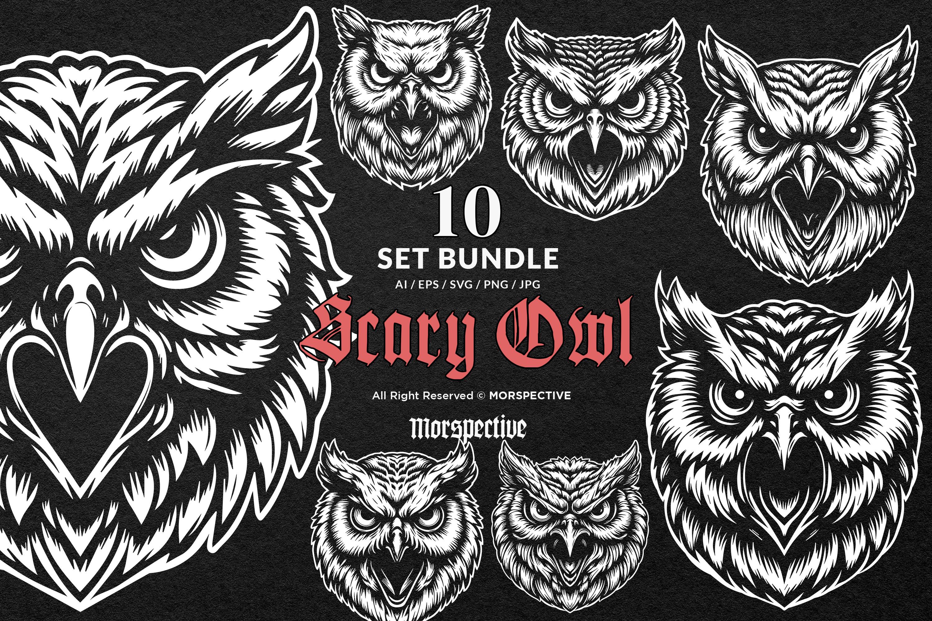 10 Bundle Dark Art Angry Scary Owl Head Black and White Illustration Tattoo Clipart Digital File Vec