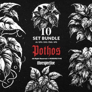 Op de afbeelding: Zwart-wit illustratie van een Pothos plantensetbundel. De afbeelding toont gedetailleerde tekeningen van de plant, met de tekst "10 SET BUNDLE" en "Pothos" in een gotisch lettertype. De achtergrond is zwart.