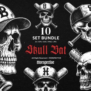 May include: Black and white illustration of baseball-themed skull designs. The image features multiple skulls wearing baseball caps and crossed bats. Text includes "10 SET BUNDLE" and "Skull Bat".