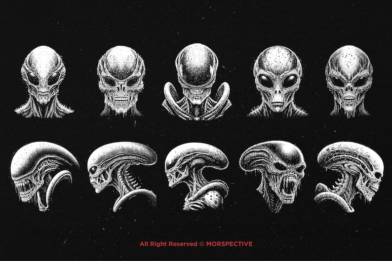 10 Bundle Dark Art Alien Head Ufo Monster Gothic Horror Tattoo Clipart ...