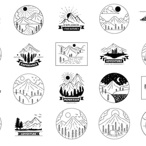Puede incluir: Un conjunto de 18 ilustraciones en blanco y negro de montañas, bosques y escenas de camping. Las ilustraciones están en un estilo de línea y presentan varios elementos como árboles, ríos, tiendas de campaña y estrellas. El texto "MOUNTAIN ADVENTURE" aparece en varias de las ilustraciones.