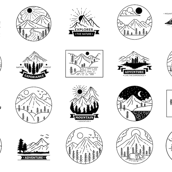 20 Set Adventure Badges logo Camping mountain explorer Expéditions dessinées à la main en plein air Fichier Vector Ai / Eps / Svg / Jpg / Png illustration