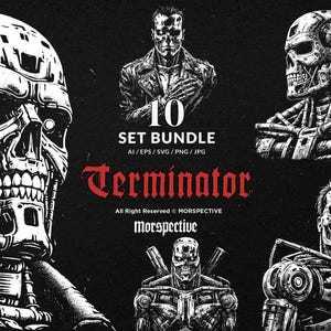 May include: A black and white illustration set featuring various depictions of the Terminator cyborg. The images include detailed drawings of the Terminator's skull and robotic components. Text includes "10 SET BUNDLE" and "Terminator".