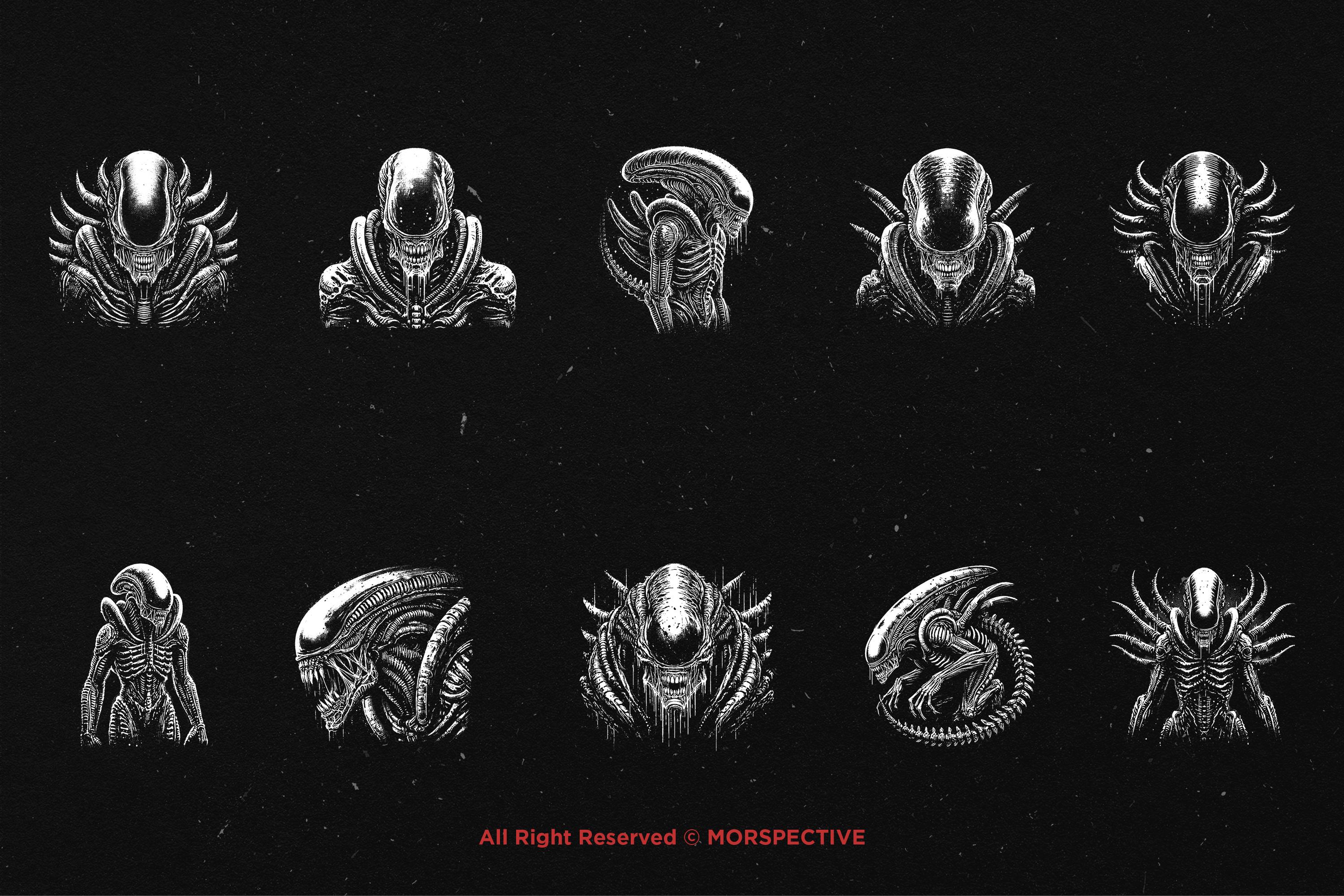 10 Bundle Dark Art Xenomorph Alien Predator UFO Beast Horror Hand Drawn ...