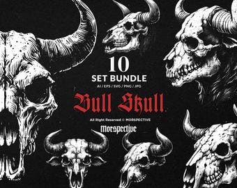 10 Bundle Dark Art Bull Skull Animal Beast Bone Horn Tattoo Clipart Digital File Vector Ai / Eps / Svg / Png illustration