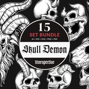 Puede incluir: Un conjunto de 15 ilustraciones en blanco y negro de cráneos y cabezas de demonios. Las ilustraciones son de estilo vintage y presentan un trabajo de línea detallado. El texto "15 SET BUNDLE AI + EPS + SVG + PNG + PDF Skull Demon Morspective" está incluido en la imagen.