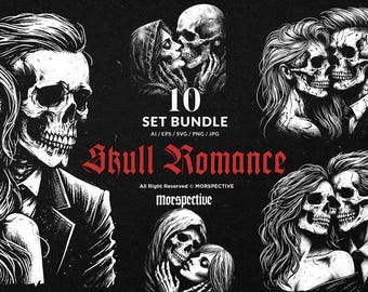 May include: A black and white illustration set featuring skull couples in various romantic poses. The text "10 SET BUNDLE" and "Skull Romance" is displayed. The artwork is in AI, EPS, SVG, PNG, and JPG formats.