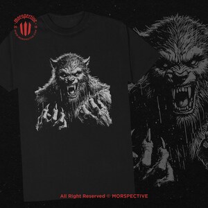 May include: Black t-shirt with a white graphic of a werewolf with sharp teeth and claws. The text "All Right Reserved &copy; MORSPECTIVE" is at the bottom of the shirt.