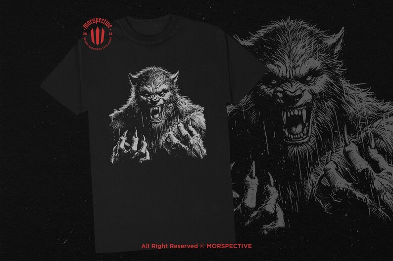 May include: Black t-shirt with a white graphic of a werewolf with sharp teeth and claws. The text "All Right Reserved &copy; MORSPECTIVE" is at the bottom of the shirt.