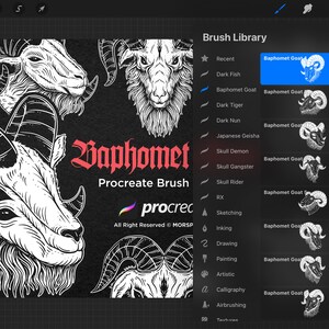 May include: A black and white digital illustration of a goat head with horns. The image is labelled "Baphomet Procreate Brush" and is a digital brush for the Procreate app.