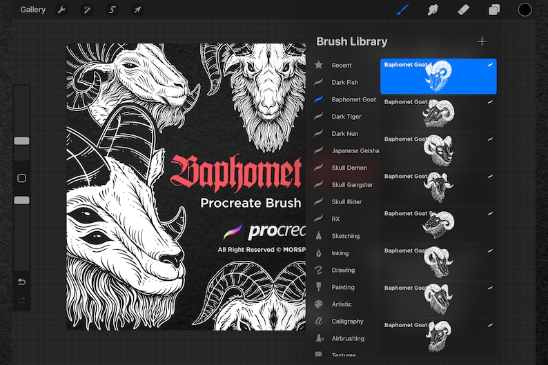 May include: A black and white digital illustration of a goat head with horns. The image is labelled "Baphomet Procreate Brush" and is a digital brush for the Procreate app.