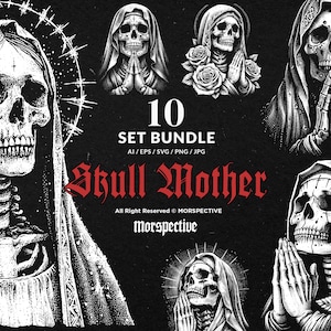 Puede incluir: Un conjunto de 10 ilustraciones digitales de madres calavera. Las imágenes presentan una calavera con una túnica con capucha y una corona de espinas. La calavera se representa con las manos juntas en oración. Las imágenes son en blanco y negro y tienen una estética gótica.