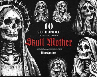 10 Paquetes de Arte Oscuro Madre Calavera Rezando Esqueleto de Azúcar Gótico Tatuaje Gótico Clipart Archivo Digital Vector Ai / Eps / Svg / Png ilustración