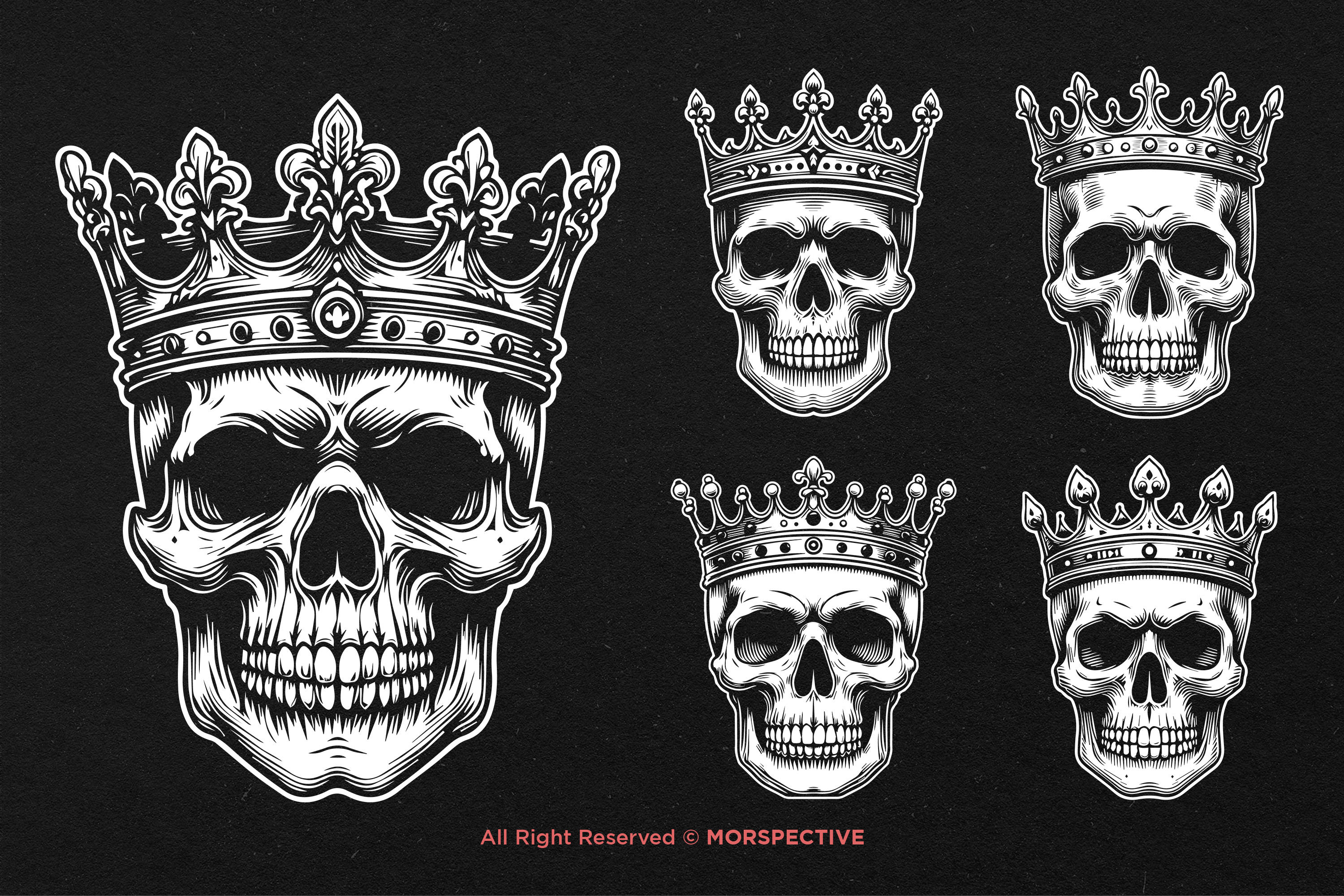 10 Bundle Dark Art Skull Head King Crown Black and White Illustration ...