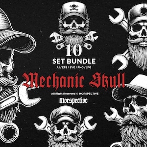 May include: A black and white illustration featuring mechanic skulls with wrenches and caps. The text reads "10 SET BUNDLE" and "Mechanic Skull". The image is a digital design, likely for graphic use.