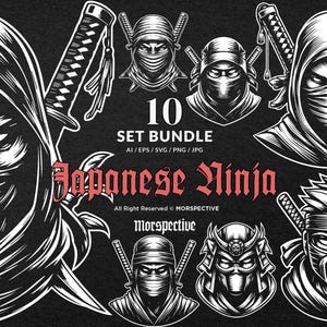 10 Bundle Dark Art Mysterious Japanese Ninja Head Black and White Tattoo Clipart Digital File Vector Ai / Eps / Svg / Png illustration