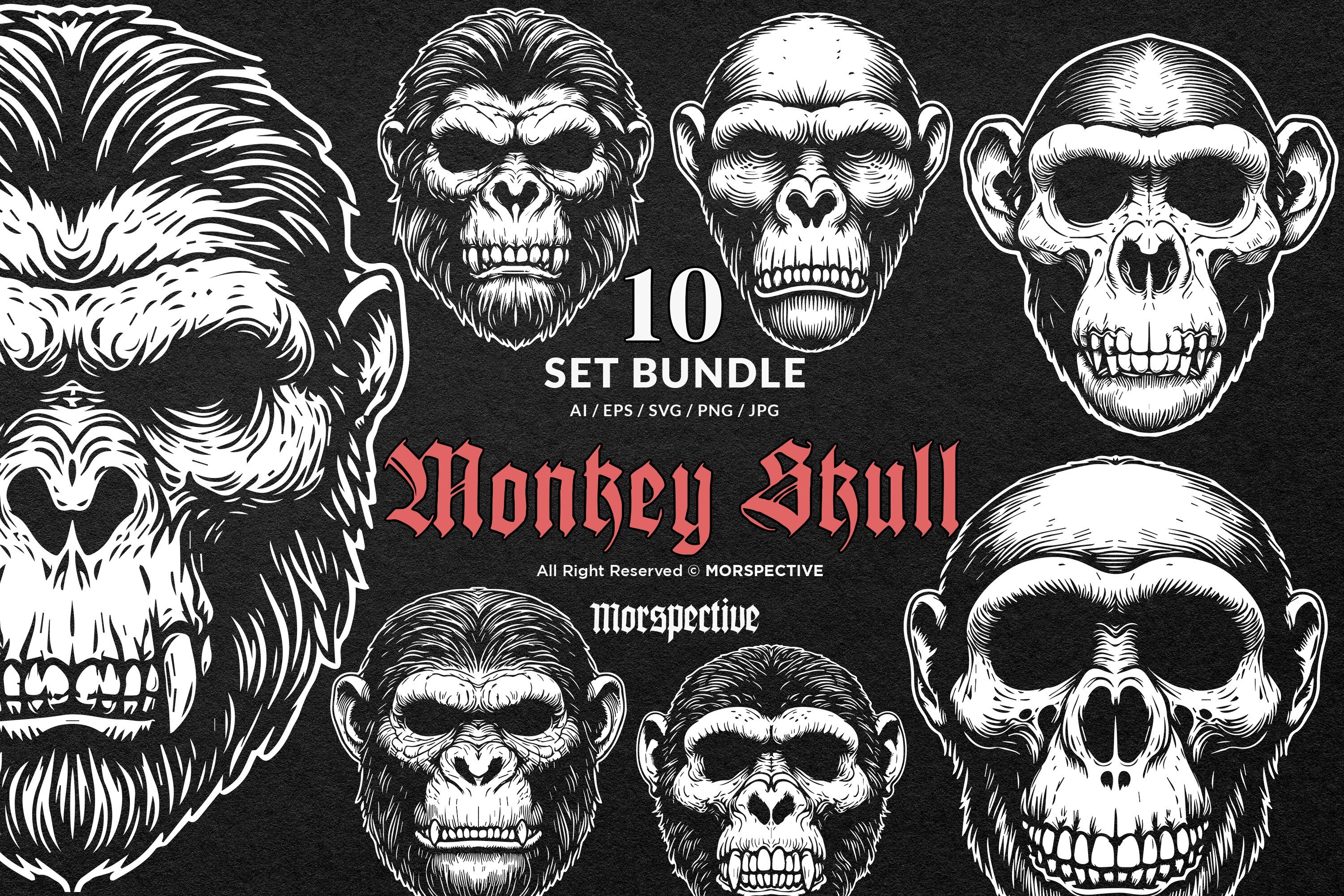 10 Bundle Dark Art Creepy Monkey Skull Head Black White