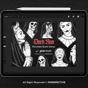 K&ouml;nnte beinhalten: Eine digitale Illustration eines Sets von Schwarzwei&szlig;-Procreate-Pinsel-Stempeln mit einem dunklen Nonnen-Thema. Die Stempel beinhalten eine Nonne mit einem Sch&auml;delgesicht, eine Nonne mit einem Teufelshorn und eine Nonne mit einer Augenbinde. Der Text "Dark Nun" und "Procreate Brush Stamp" ist im Bild enthalten.