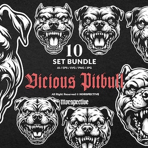 10 Bundle Dark Art Vicious Angry Pitbull Dog Head Black and White Tattoo Clipart Digital File Vector Ai / Eps / Svg / Png illustration