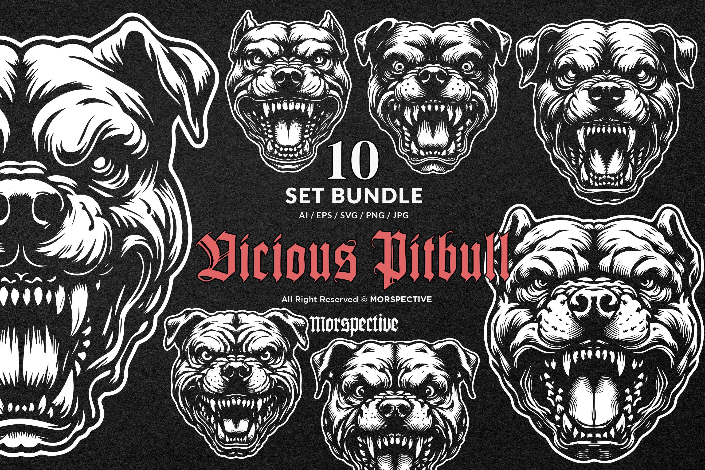 10 Bundle Dark Art Vicious Angry Pitbull Dog Head Black and