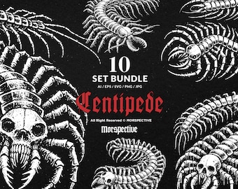 10 Bundle Dark Art Centipede insects Gothic Skull Horror Tattoo Clipart Digital File Vector Ai / Eps / Svg / Png illustration