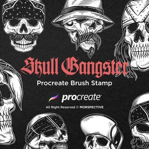 May include: A set of Procreate brush stamps featuring black and white illustrations of skulls wearing bandanas and hats. The text "Skull Gangster" and "Procreate Brush Stamp" is displayed on the image.
