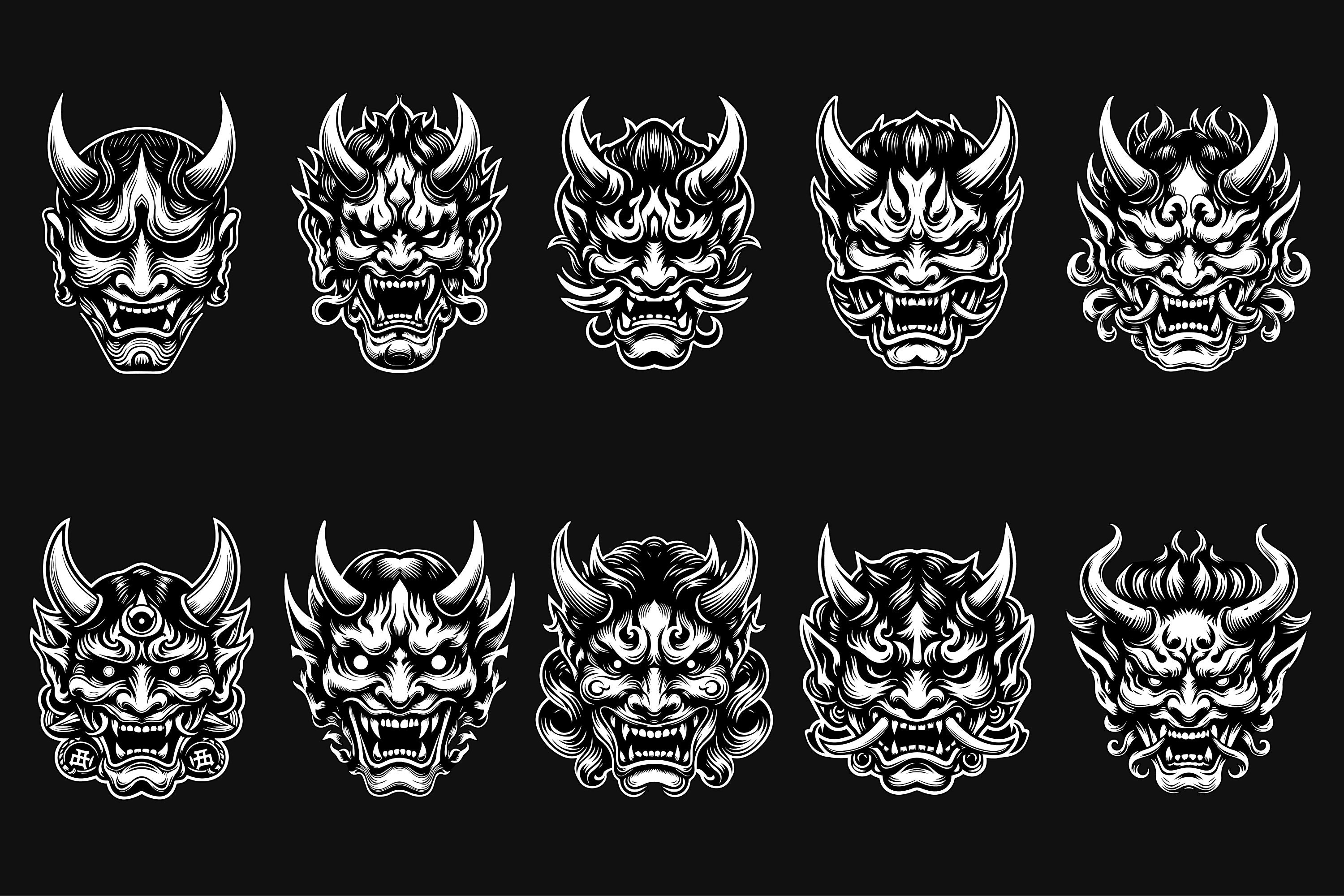 10 バンドル ダーク アート 怖い日本の般若マスク 黒白イラスト
