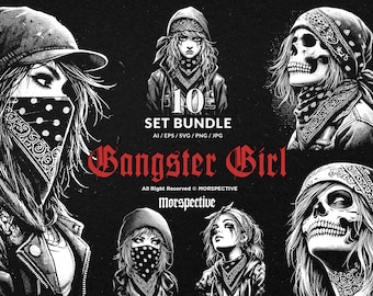 10 Bundle Dark Art Gangster Girl Mafia Lady Chicano Skull Horror Tattoo Clipart Digital File Vector Ai / Eps / Svg / Png illustration