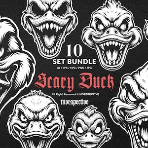 Puede incluir: Un conjunto de 10 ilustraciones en blanco y negro de patos aterradores con dientes afilados y expresiones de enojo. Las ilustraciones son de estilo de dibujos animados y son perfectas para usar en proyectos de diseño gráfico.