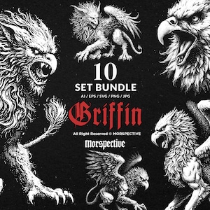 Lot de 10 art sombre Griffon monstre aigle majestueux créature mythique tatouage Clipart fichier numérique illustration vectorielle Ai/Eps/Svg/PNG