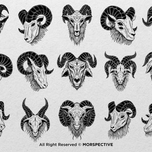 May include: A collection of 15 black and white illustrations of ram heads with different horn shapes and styles. The illustrations are drawn in a detailed and realistic style.