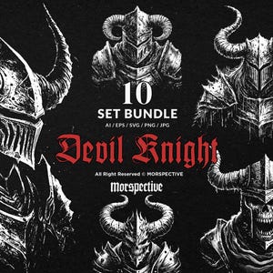 Op de afbeelding: Een zwart-wit illustratieset met afbeeldingen van gehoornde helmen en harnassen. De tekst "10 SET BUNDLE Devil Knight" staat in rode letters. De afbeelding is een digitale kunstbundel voor creatieve projecten.