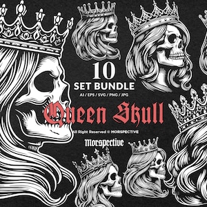 10 Bundle Dark Art Queen Skull Head With Long Hair Black and White Tattoo Clipart Digital File Vector Ai / Eps / Svg / Png illustration