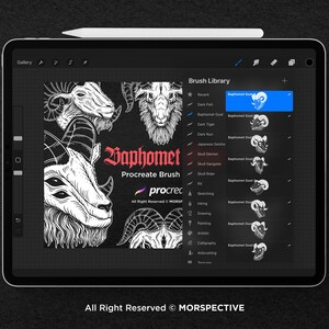 May include: A digital illustration of a goat's head with horns, labelled "Baphomet Procreate Brush". The image is displayed on a tablet screen with a brush library menu showing different brush options, including "Baphomet Goat" brushes.