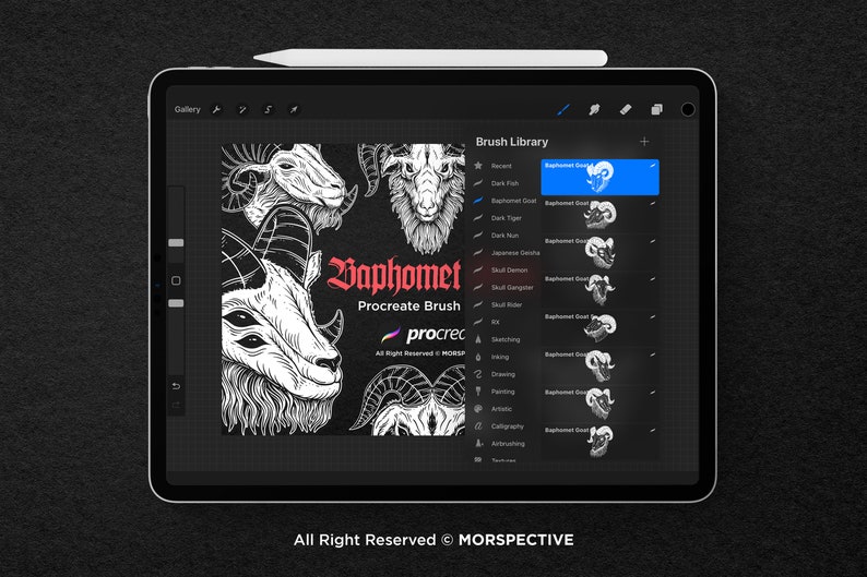 May include: A digital illustration of a goat's head with horns, labelled "Baphomet Procreate Brush". The image is displayed on a tablet screen with a brush library menu showing different brush options, including "Baphomet Goat" brushes.