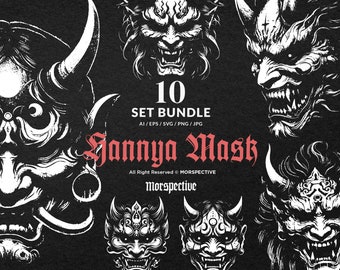 May include: A set of 10 digital illustrations of Japanese demon masks, known as "Hannya Masks." The masks are drawn in a black and white style with intricate details. The text "10 SET BUNDLE AI/EPS/SVG/PNG/JPG Jannya Mash All Right Reserved © MORSPECTIVE Morspective" is included in the image.