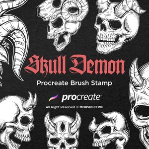 May include: Black and white illustrations of skulls and a goat head with horns. The text "Skull Demon" is in red gothic lettering, with "Procreate Brush Stamp" below. The Procreate logo is also visible.