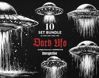 10 Bundle Dark Art UFO Plane Alien Spaceship Area 51 Hand Drawn Tattoo Clipart Digital File Vector Ai / Eps / Svg / Png illustration