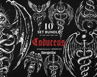 10 Bundle Dark Art Caduceus Snakes Wings Medicine Symbol Healing Myth Tattoo Clipart Digital File Vector Ai / Eps / Svg / Png illustration