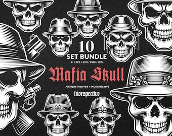 10 Bundle Dark Art Mafia Skull Head with Hat Black and White Art Tattoo Clipart Digital File Vector Ai / Eps / Svg / Png illustration