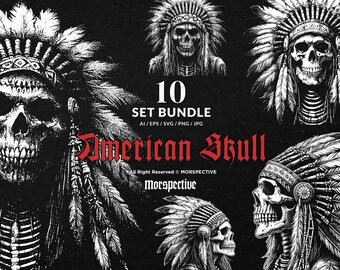 10 pakietów Dark Art Indian American Skull skeleton Warrior Tattoo Clipart Digital File Vector Ai / Eps / Svg / Png illustration
