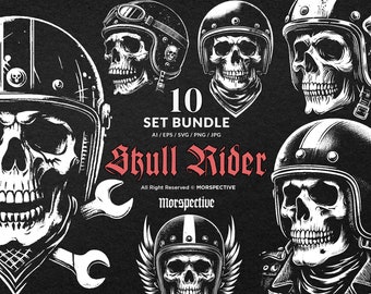 10 Bundle Dark Art Skull Rider Helmet Motorcycle Biker Grunge Vintage Tattoo Clipart Digital File Vector Ai / Eps / Svg / Png illustration