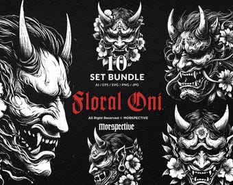 10 Bundle Dark Art Oni Mask Floral Rose Japanese Demon Devil Hand Drawn Tattoo Clipart Digital File Vector Ai / Eps / Svg / Png illustration