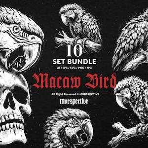 May include: Black and white digital art set featuring macaw birds and a skull. The image includes the text "10 SET BUNDLE" and "Macaw Bird". The art style is detailed, with a focus on texture and shading.
