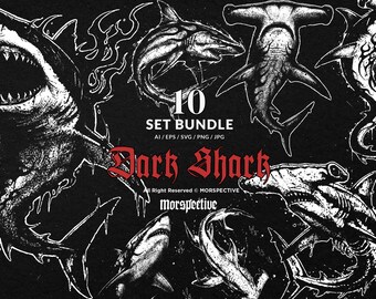 10 Bundle Dark Art Shark Predator Fish Sea Fins Jaws Bleed Creature Tattoo Clipart Digital File Vector Ai / Eps / Svg / Png illustration