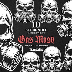 Può includere: Un set di 10 illustrazioni vettoriali di teschi che indossano maschere antigas. I teschi sono in varie pose e le maschere antigas hanno design diversi. Le illustrazioni sono in bianco e nero e hanno uno stile vintage.