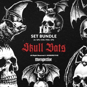 May include: A set of 10 digital illustrations of skull bats. Each illustration features a black and white skull with a bat perched on top. The illustrations are perfect for use in graphic design projects, such as t-shirts, posters, and social media graphics.