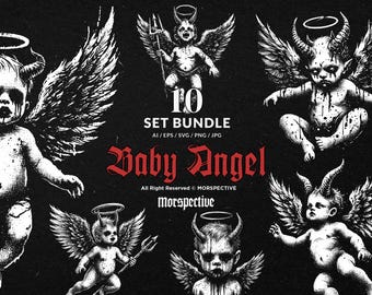 May include: A black and white digital art print featuring multiple illustrations of baby angels with horns, wings, and halos. The text "10 SET BUNDLE Baby Angel" is displayed in red gothic font.